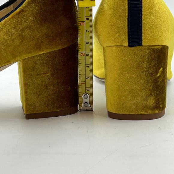 J. Crew Mustard Velvet Heels with Navy Bow - Picture 3 of 10